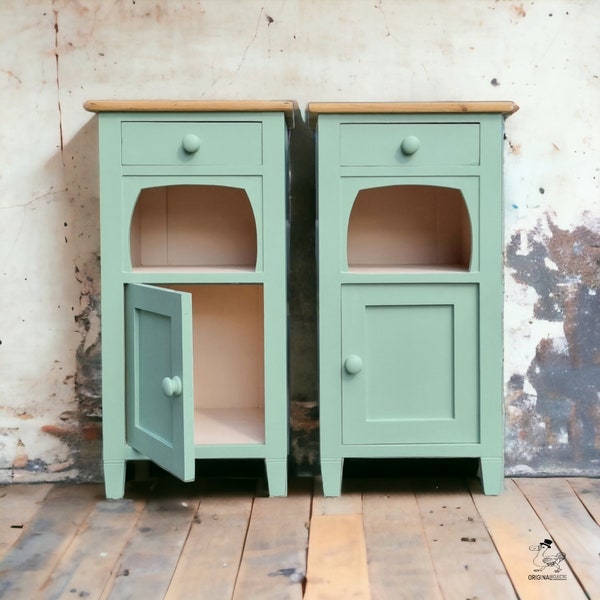 Beautiful Old Pair Antique Pine Bedside cabinets Drawer Green/Pink paintwork