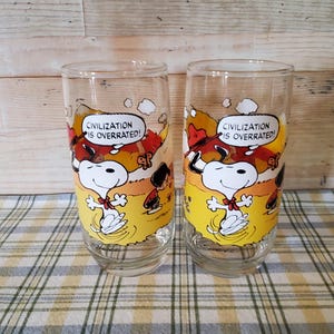 SET of 2 Matching Camp Snoopy Glasses - Snoopy Drinking Glasses - &quot;Civilization is Overrated&quot;