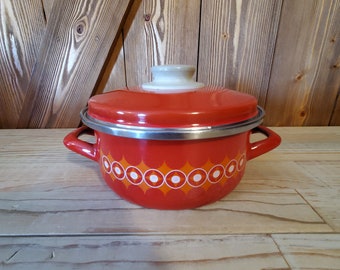 Vintage Orange Enamelware Pot with Vented Lid