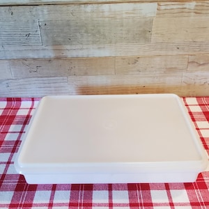 May include: A white rectangular food storage container with a matching lid. The container is on a red and white checkered tablecloth. The background is a wooden wall.