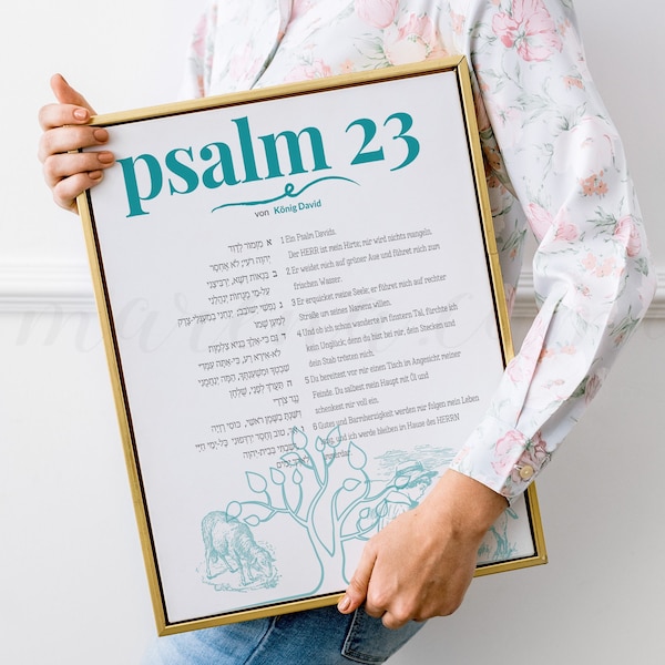Psalm 23 deutsch German Print Hebräisch Jewish Wall Art - Bibel Vers Glaube download Der Herr ist mein Hirte Israel Torah A4
