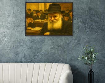 Rebbe in Shul Art Print: Framed Judaica Poster, Chabad, Rabbi, shipped.