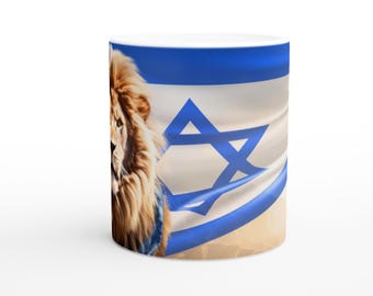Lion of Judah Ceramic Mug – Hebrew Israel Flag Coffee Cup