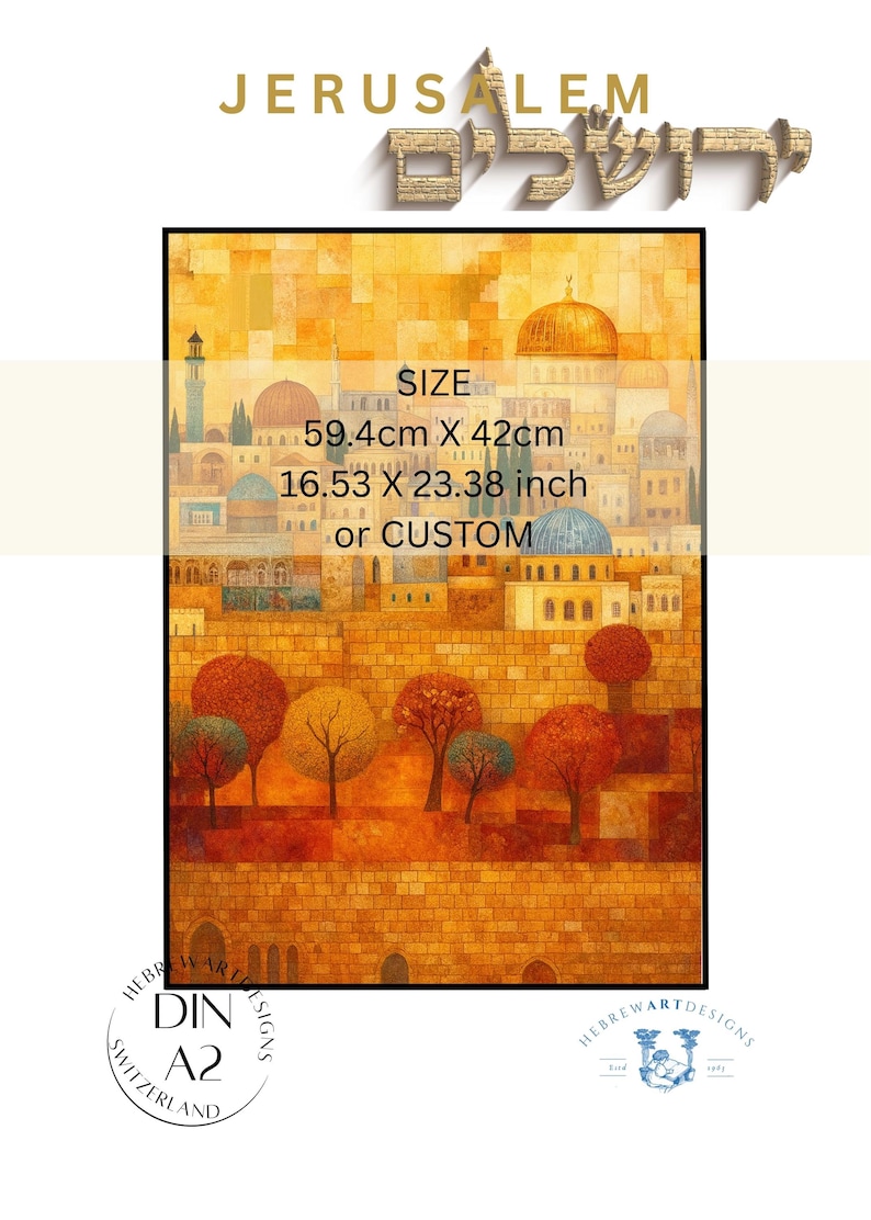 Jerusalem Art Print: Gold Jerusalem Stone, Hebrew Judaica (DIN A2 ...