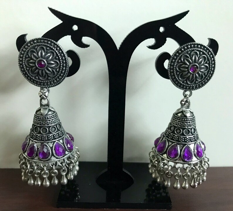 Oxidized Silver Jhumka with Purple and Golden yellow stones German Silver Indian Jewelry