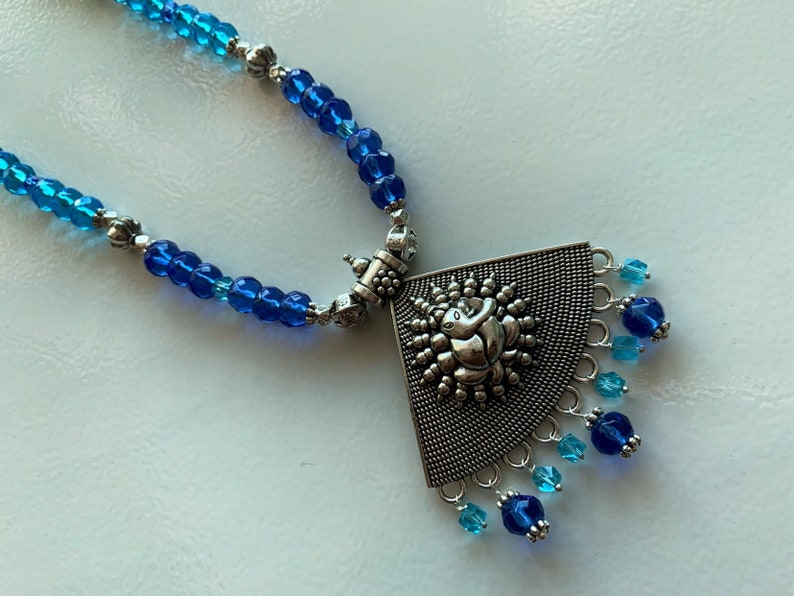 Oxidised silver bead and glass bead necklace set with Tibetan pendant German Silver bead necklace