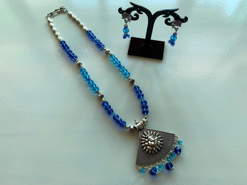 Oxidised silver bead and glass bead necklace set with Tibetan pendant German Silver bead necklace