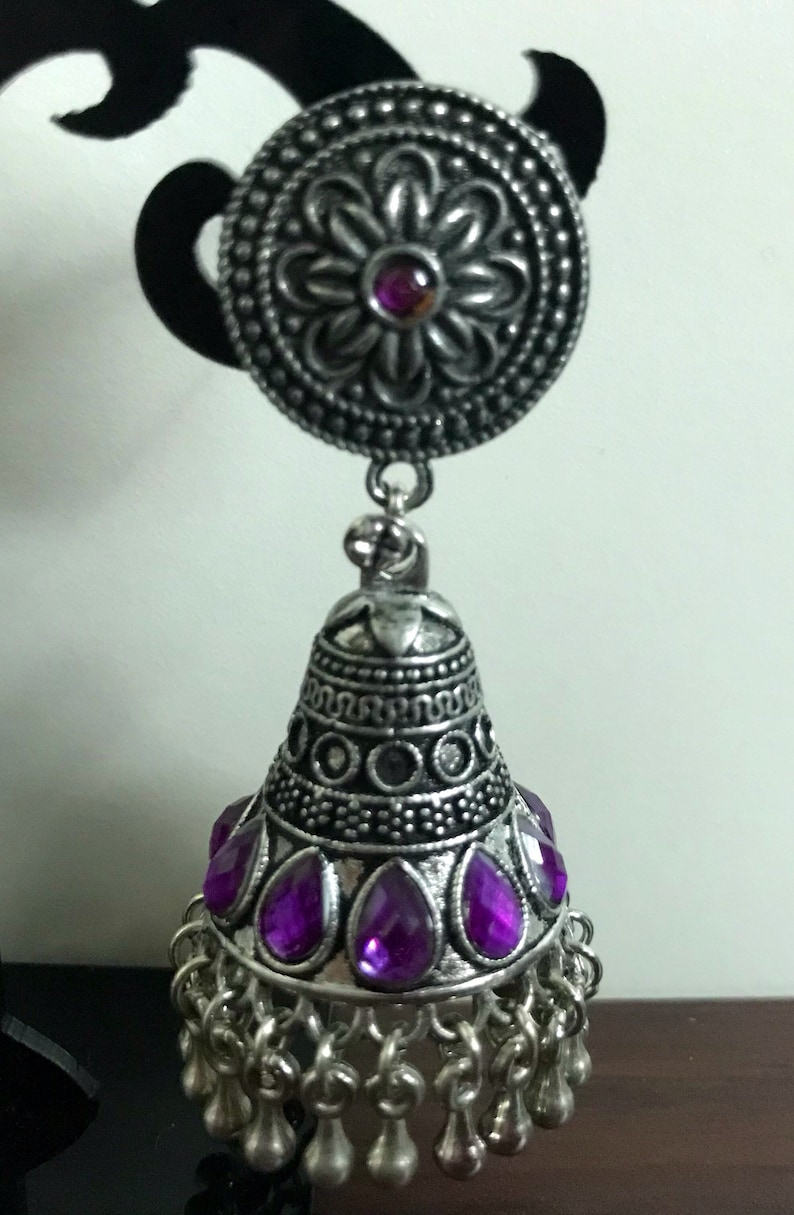 Oxidized Silver Jhumka with Purple and Golden yellow stones German Silver Indian Jewelry