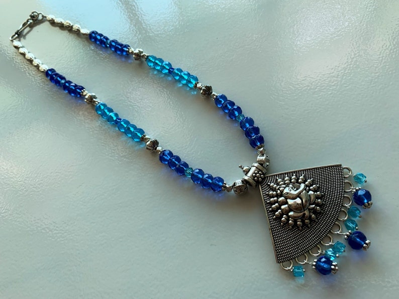 Oxidised silver bead and glass bead necklace set with Tibetan pendant German Silver bead necklace