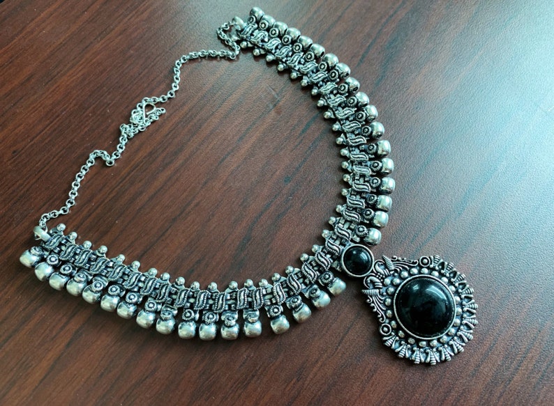 German Silver Jewelry Indian ethnic necklace set Oxidised German Silver Indian necklace with Black stone Cabochon and matching jhumka