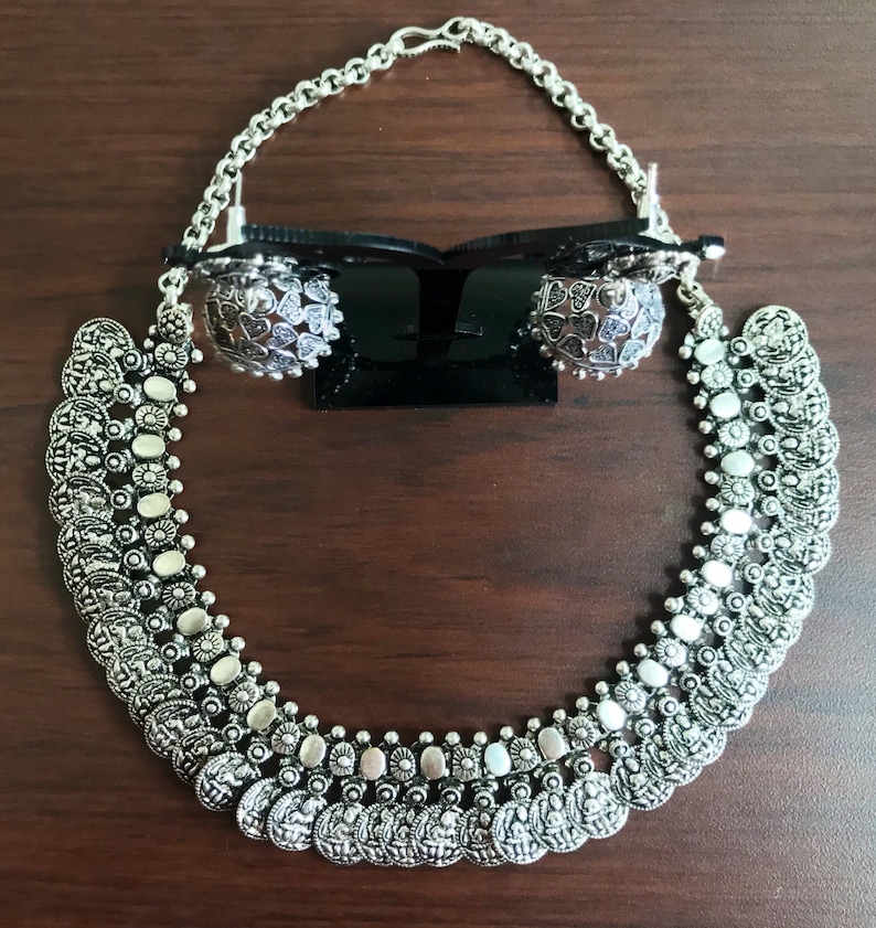 Oxidised Silver Coin Necklace with Jhumka German Silver Indian Jewelry