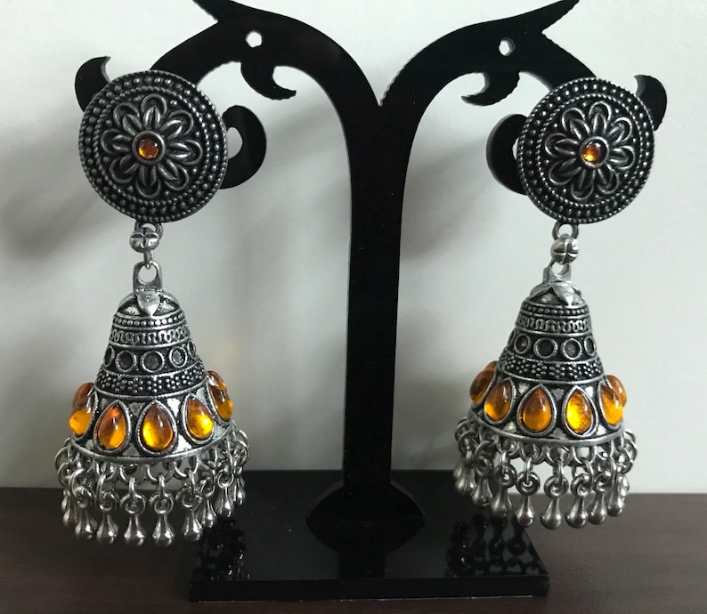 Oxidized Silver Jhumka with Purple and Golden yellow stones German Silver Indian Jewelry