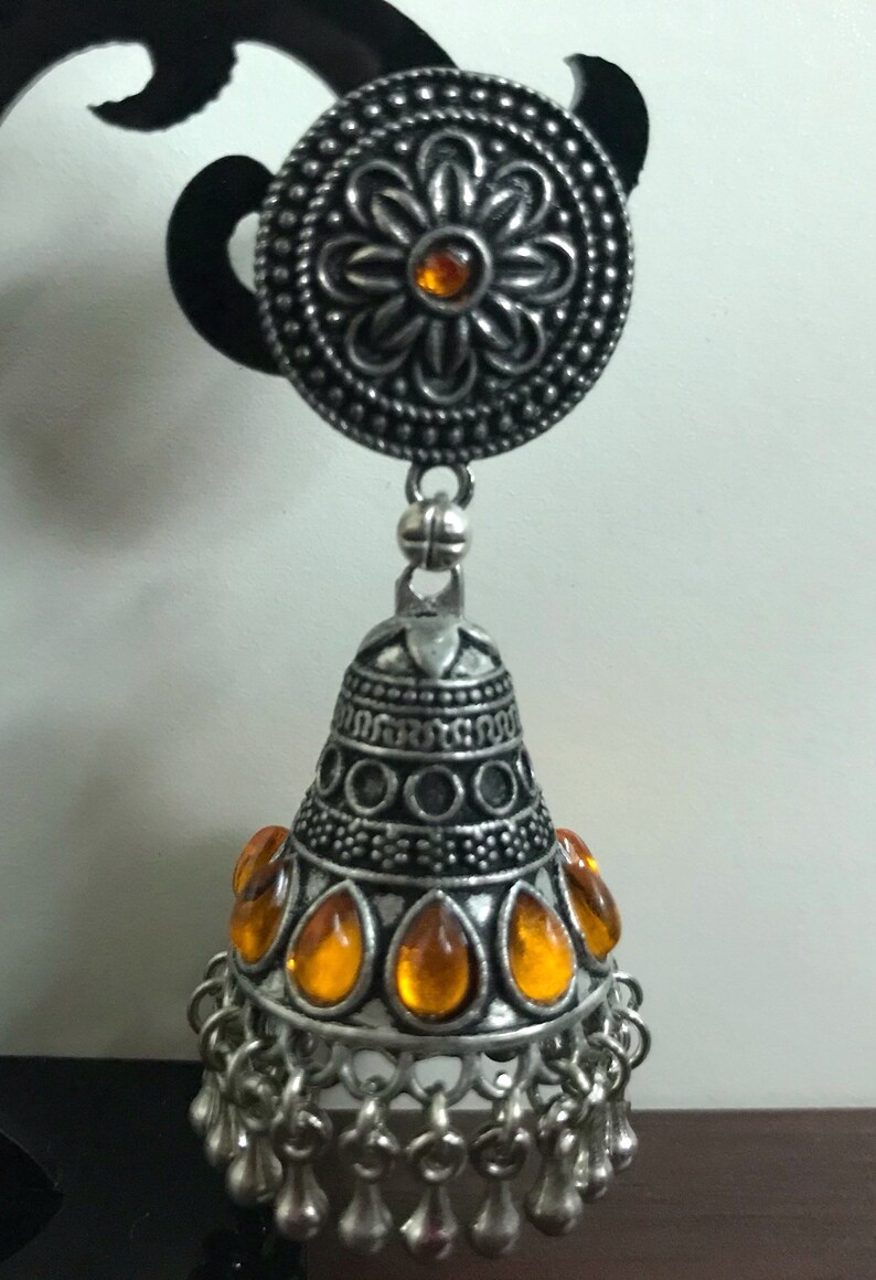 Oxidized Silver Jhumka with Purple and Golden yellow stones German Silver Indian Jewelry