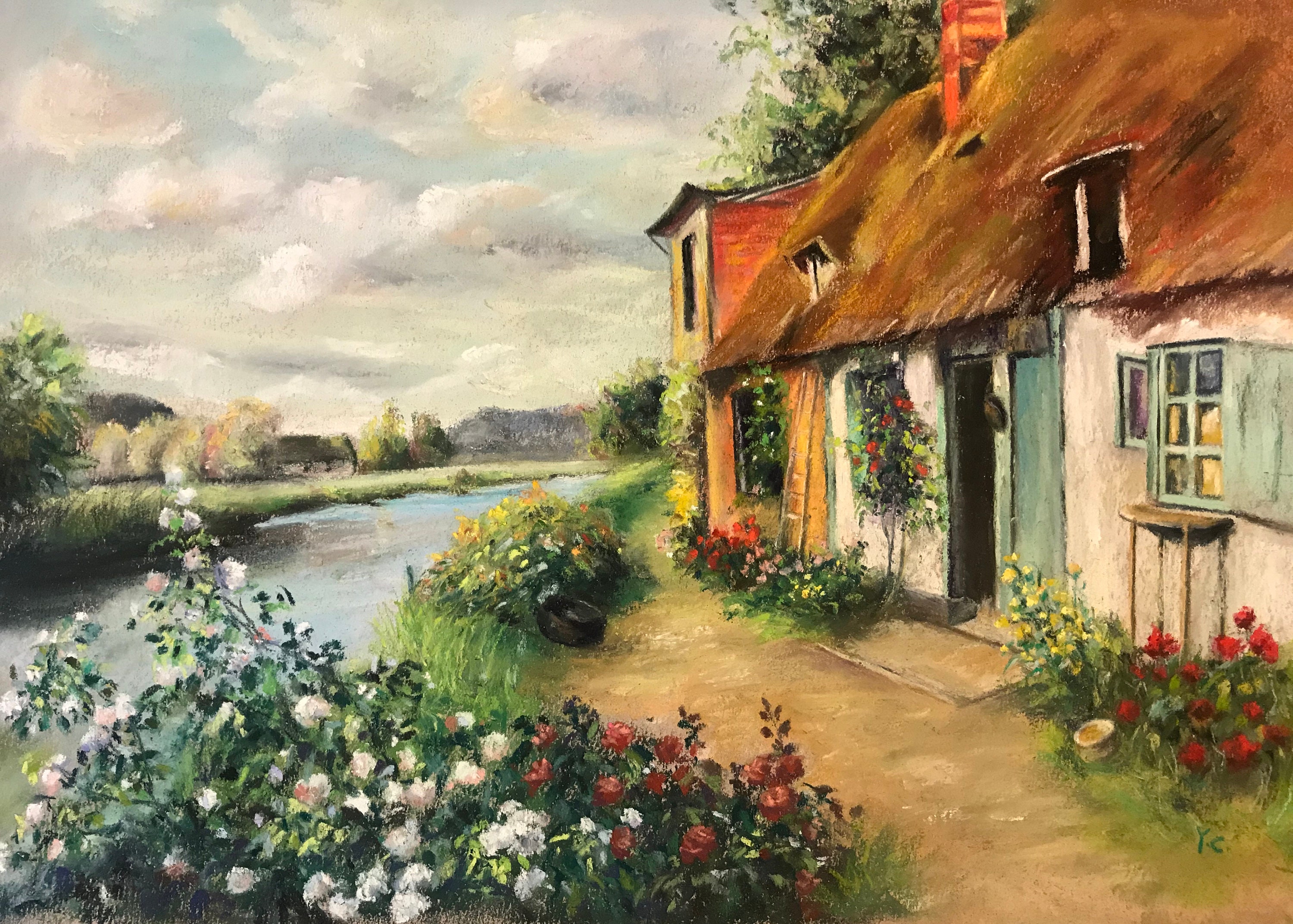 Wall Art Beautiful Cottage Painting Soft Pastel Countryside Lanscape