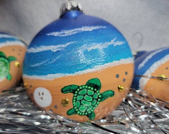 Beach Turtle Ornament - Hand-painted & Shatterproof + Gold Embellishments