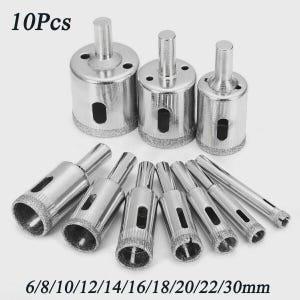 May include: A set of ten silver-colored diamond hole saw drill bits. The sizes are 6/8/10/12/14/16/18/20/22/30mm. The text "10Pcs" is at the top of the image.