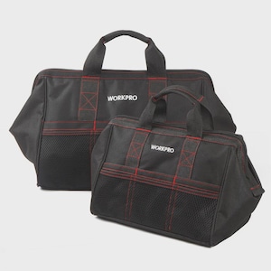 May include: Two black WORKPRO tool bags with red stitching and accents. The bags have sturdy handles and mesh pockets. The WORKPRO logo is printed in white on the front of each bag. The bags are designed for carrying tools.