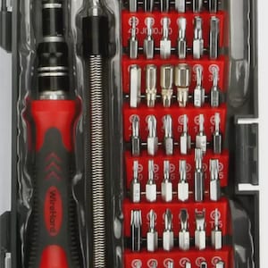 May include: A complete screwdriver set with multiple bits, including a red and black handle with the "Wirehard" logo. The set includes various sizes and types of screwdriver bits, organized in red holders.