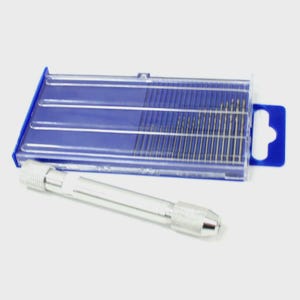 May include: A set of small drill bits in a blue plastic case, with a silver-colored hand drill. The drill bits are arranged neatly inside the case. The hand drill has a textured grip for easy handling.