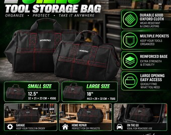 May include: Two black tool storage bags with red stitching and the WORKPRO logo. The small bag measures 12.5 inches, 32 by 21 by 23 cm, and weighs 450g. The large bag measures 18 inches, 44.5 by 29 by 32 cm, and weighs 750g. Both feature handles.