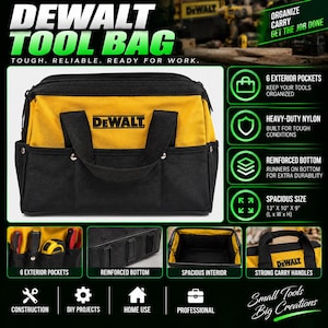 May include: A yellow and black DeWalt tool bag featuring six exterior pockets, heavy-duty nylon construction, and a reinforced bottom with runners. The bag includes strong carry handles and measures 13 inches by 10 inches by 9 inches in size.