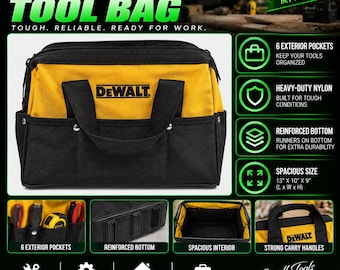 May include: A yellow and black DeWalt tool bag featuring six exterior pockets, heavy-duty nylon construction, and a reinforced bottom with runners. The bag includes strong carry handles and measures 13 inches by 10 inches by 9 inches in size.
