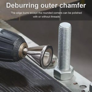 May include: A metal deburring tool is shown next to a silver bolt and nut. The tool is attached to a drill and is designed to remove burrs from the outer chamfer. Text at the top reads "Deburring outer chamfer".
