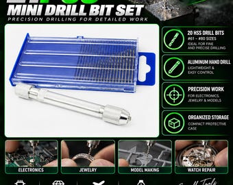 May include: A 21-piece mini drill bit set featuring a silver aluminum hand drill and a blue plastic storage case containing 20 HSS drill bits in sizes #61 through #80. The set is designed for precision drilling in electronics, jewelry, and models.