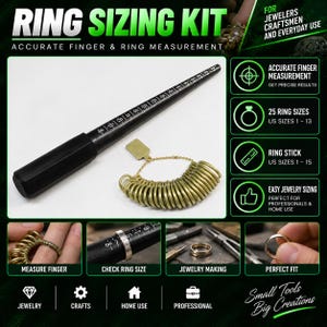 May include: A ring sizing kit featuring a black tapered ring mandrel with white US size markings from 1 to 15 and a set of 25 brass-colored metal ring sizers on a chain. The kit includes instructional graphics for measuring fingers and rings.