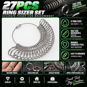 May include: A 27-piece ring sizer set made of stainless steel, featuring individual rings on a flexible cable. The set covers USA sizes 1 through 13 in half-size increments. The image includes text labels for jewelry, crafts, home, and professional use.