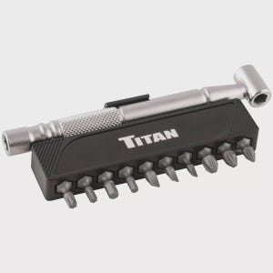 May include: A black and silver multi-bit screwdriver set with the brand name "TITAN" in white. The set includes a silver handle and a black holder with various screwdriver bits.