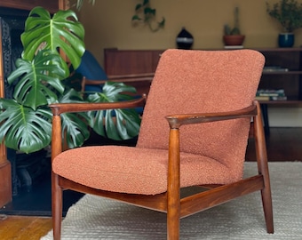 1960s Original Edmund Homa Vintage Chair, Burnt Orange -Rust Bouclé, Mid Century Lounge Chair