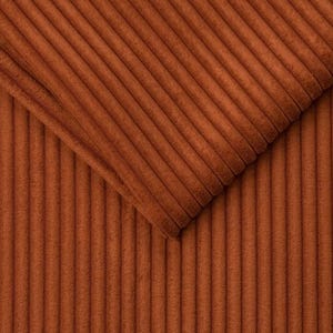 Pu&ograve; includere: Primo piano di una sezione di tessuto di velluto a coste color ruggine. Il tessuto ha una trama a coste con linee verticali. Una porzione del tessuto &egrave; ripiegata, mostrando le variazioni di trama e colore. Il velluto a coste appare morbido e soffice.