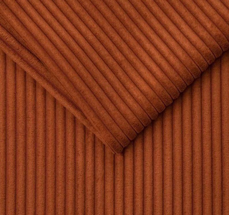Pu&ograve; includere: Primo piano di una sezione di tessuto di velluto a coste color ruggine. Il tessuto ha una trama a coste con linee verticali. Una porzione del tessuto &egrave; ripiegata, mostrando le variazioni di trama e colore. Il velluto a coste appare morbido e soffice.