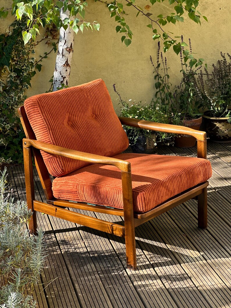 Pu&ograve; includere: Poltrona vintage con cuscino e schienale in velluto a coste arancione. La struttura in legno &egrave; di colore marrone caldo. La sedia &egrave; all'aperto, sullo sfondo di piante e un albero. Il design della sedia ricorda i mobili della met&agrave; del secolo.
