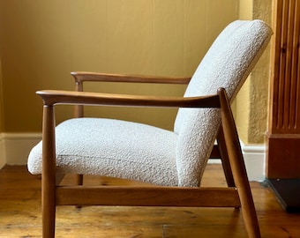 1960s Edmund Homa Vintage Chair, Cream Bouclé Mid Century Lounge Chair, Scandinavian Japandi Interiors