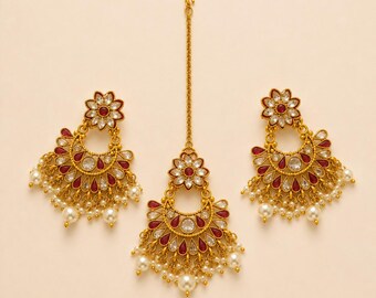 Conjunto de pendientes y maang tikka de rubí Kundan / Chandbali de perlas / Joyería nupcial india / Joyería étnica para bodas / Festiva