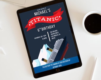 Mall för inbjudan till barnfest med Titanic-tema - redigerbar digital nedladdning