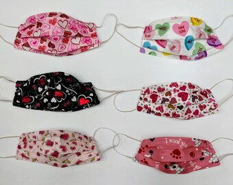 Hearts Face Masks 2 Layers of Cotton w/Interfacing inside Cotton Preschool, Child & Adult Sizes, Free Shipping, Washable Face Mask, Pleated