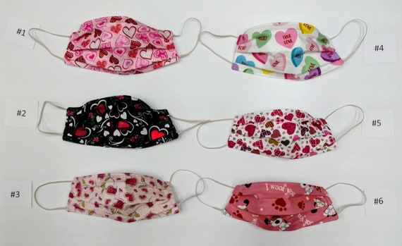 Hearts Face Masks 2 Layers of Cotton w/Interfacing inside Cotton Preschool, Child & Adult Sizes, Free Shipping, Washable Face Mask, Pleated
