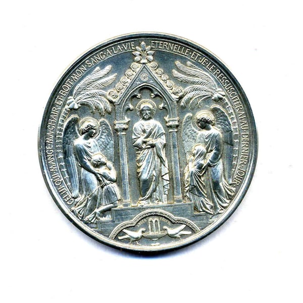 Grande et rare médaille de baptême et communion en argent sterling 19ème siècle 1885-1895 / Boite d’origine