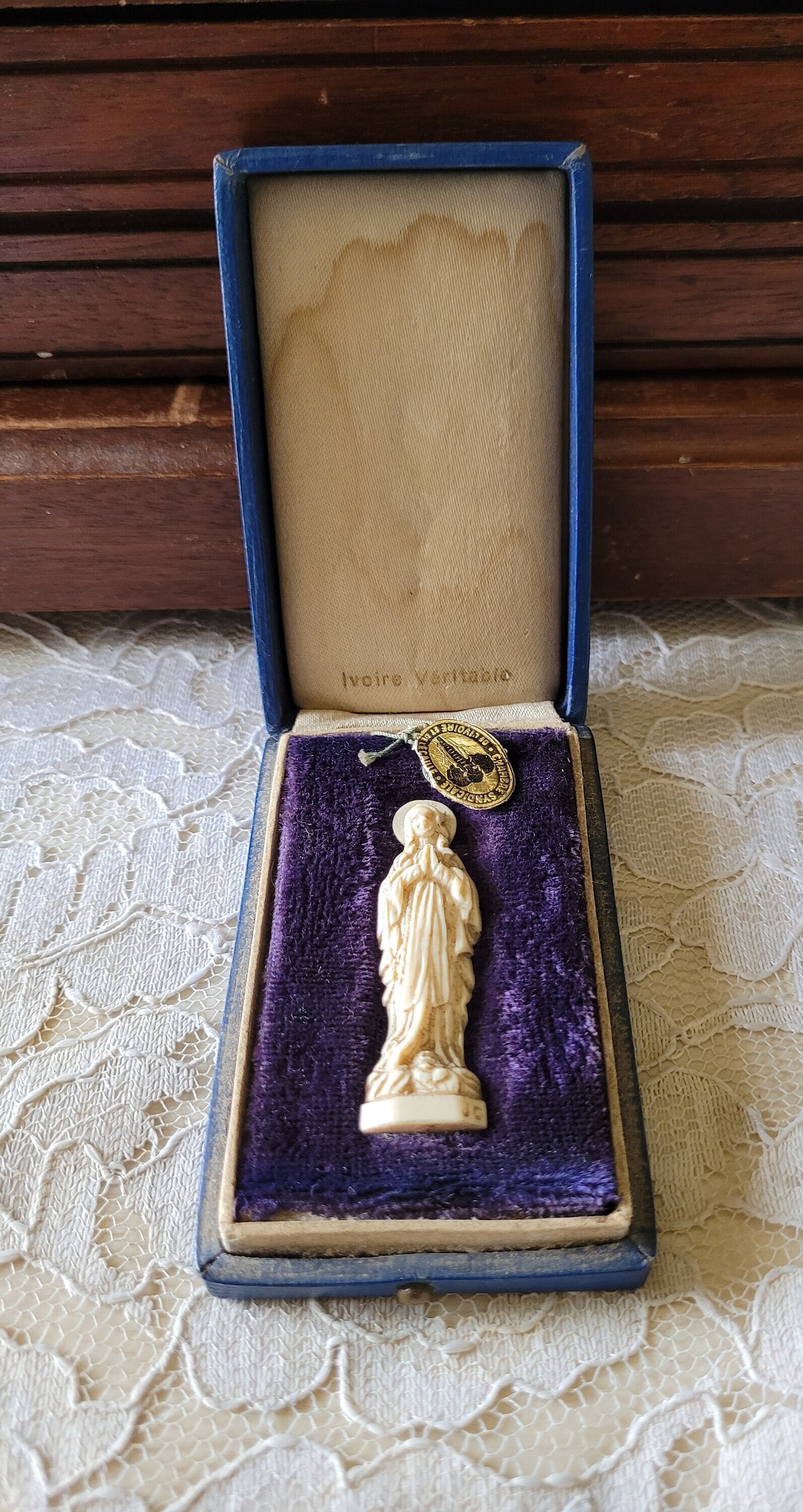 Ancien Autel de Voyage Chrétien, Jolie Vierge Dans Son Écrin Xixe