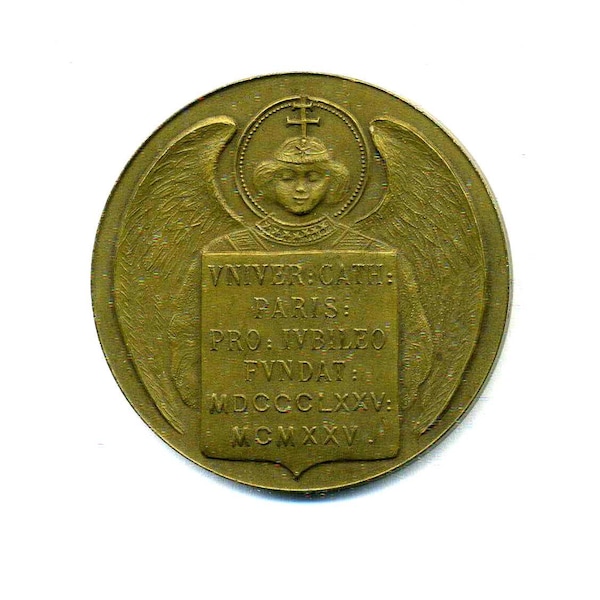 Seltene große Bronzemedaille Sigillum Katholische Universität Paris um 1920 AJ Corbierre 50 mm