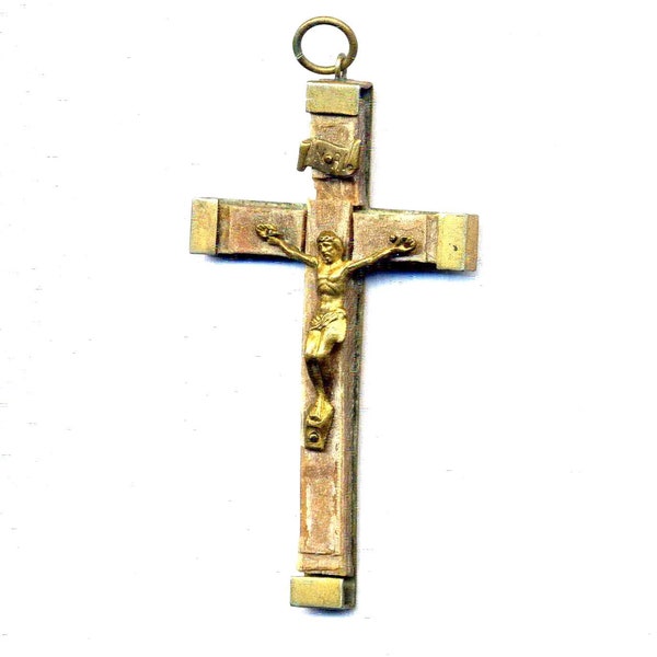 Crucifix antique en bois et métal doré – Pendentif Saint Christ - Croix pectorale - Croix Jésus Christ