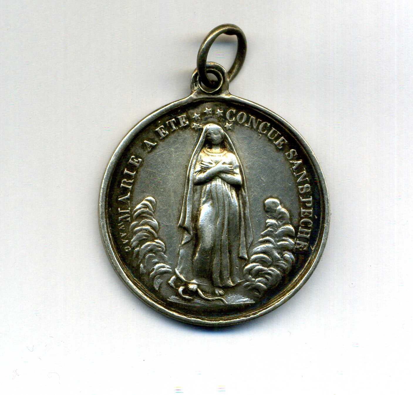 Superbe Médaille en Argent Massif Antique. «Marie A Été Conçue Sans Péché». Gravé «Waag».