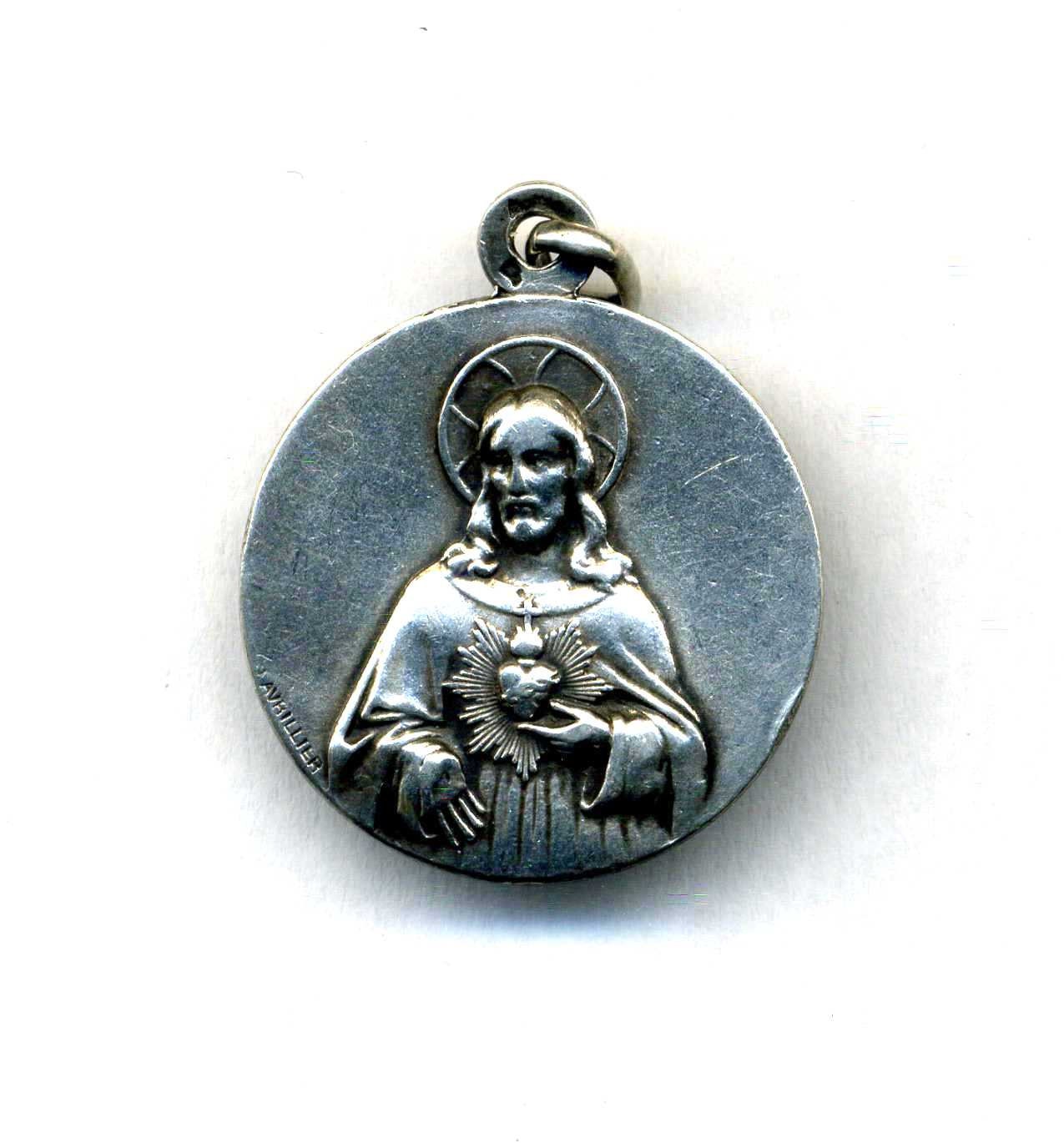 Religion - Scapulaire Sacré Coeur et Vierge Couronnée Médailles Religieuses Française en Argent Sign