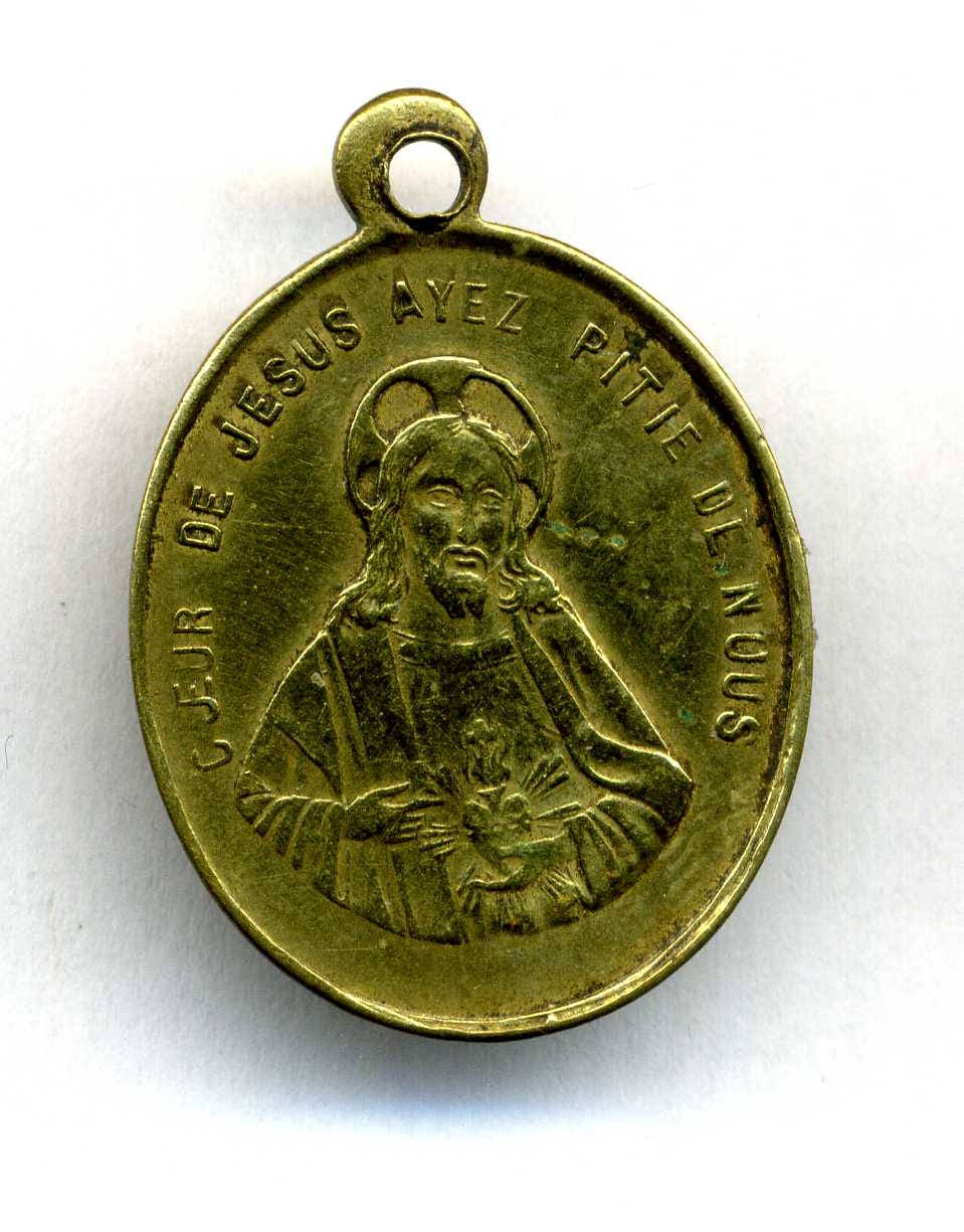Religion - Vintage Médaille Religieuse Antique Sacré Cœur de Jésus et Marie Laiton 19Ème Siècle