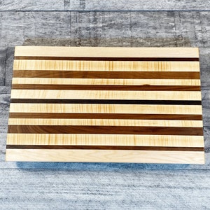 Ready to Ship! Black Walnut and Curly Maple Edge Grain Cutting Board with Stripe of Wenge Wood