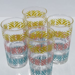 1950's SET OF 4 vintage Federal Glass tumblers fabulous yellow pink & aqua bands of color 5" glasses retro drink ware fun bright home decor