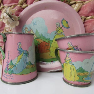 vintage 1930's Ohio Art Tin Toy Tea Party four piece set Courting Couple and Lovely Ladies one plate two cups & one pitcher pastels